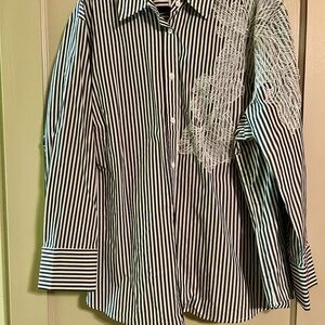 Anne Klein Charcoal Gray and White Striped Women’s Shirt